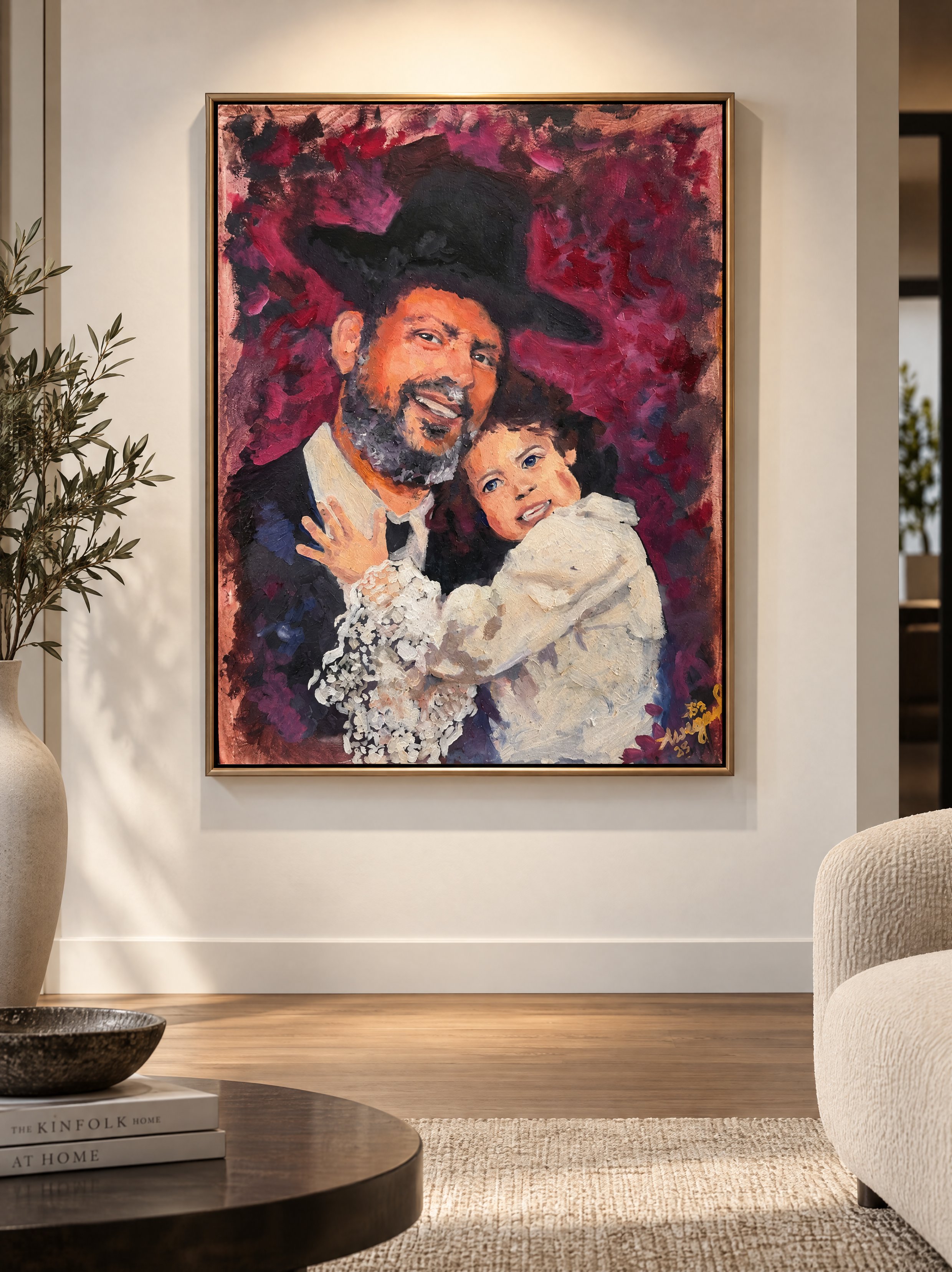 Framed oil portrait displayed on a living-room wall, showing a smiling bearded father in a black hat holding his young daughter against a magenta-purple background