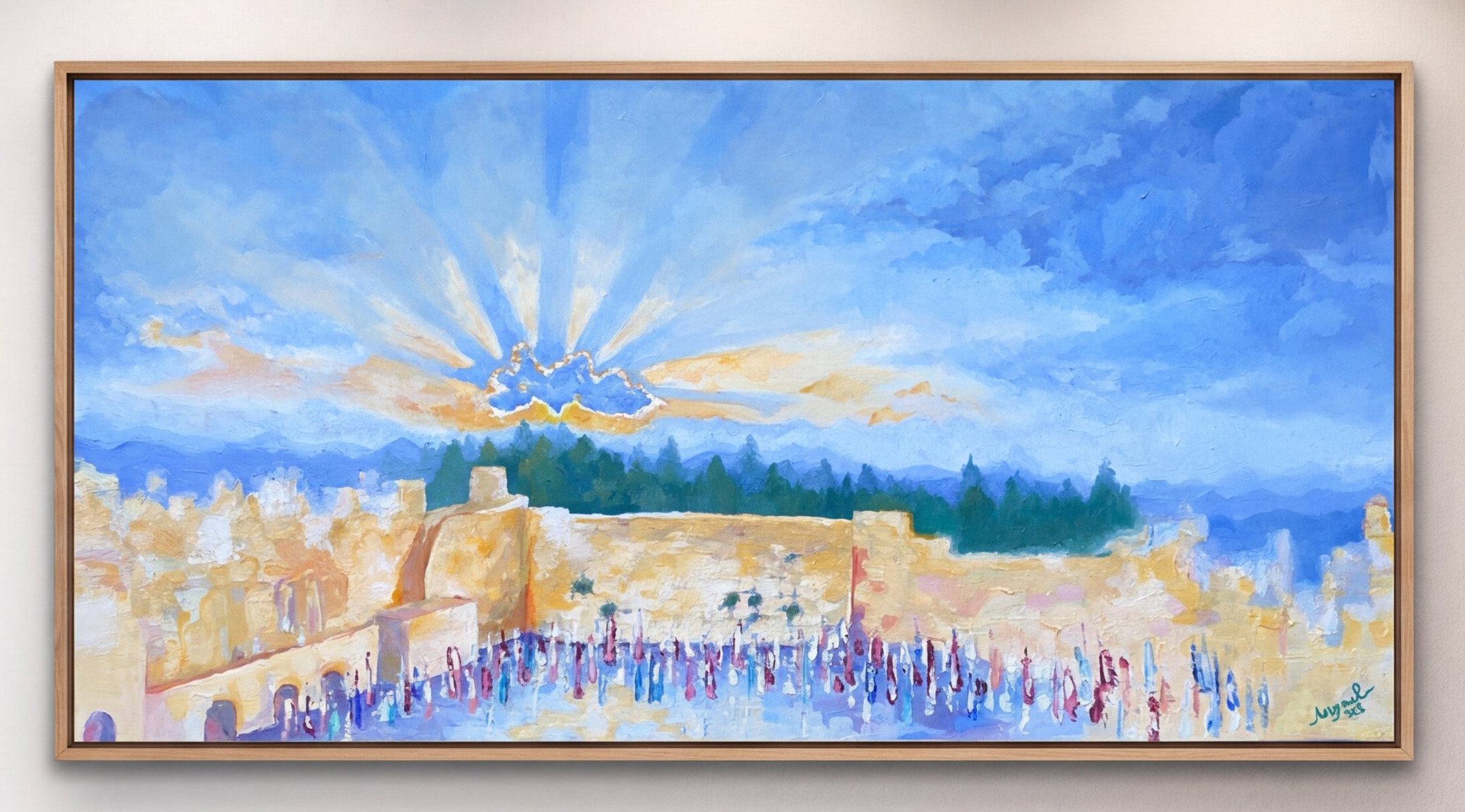 Framed painting of the Western Wall beneath a radiant sunburst sky