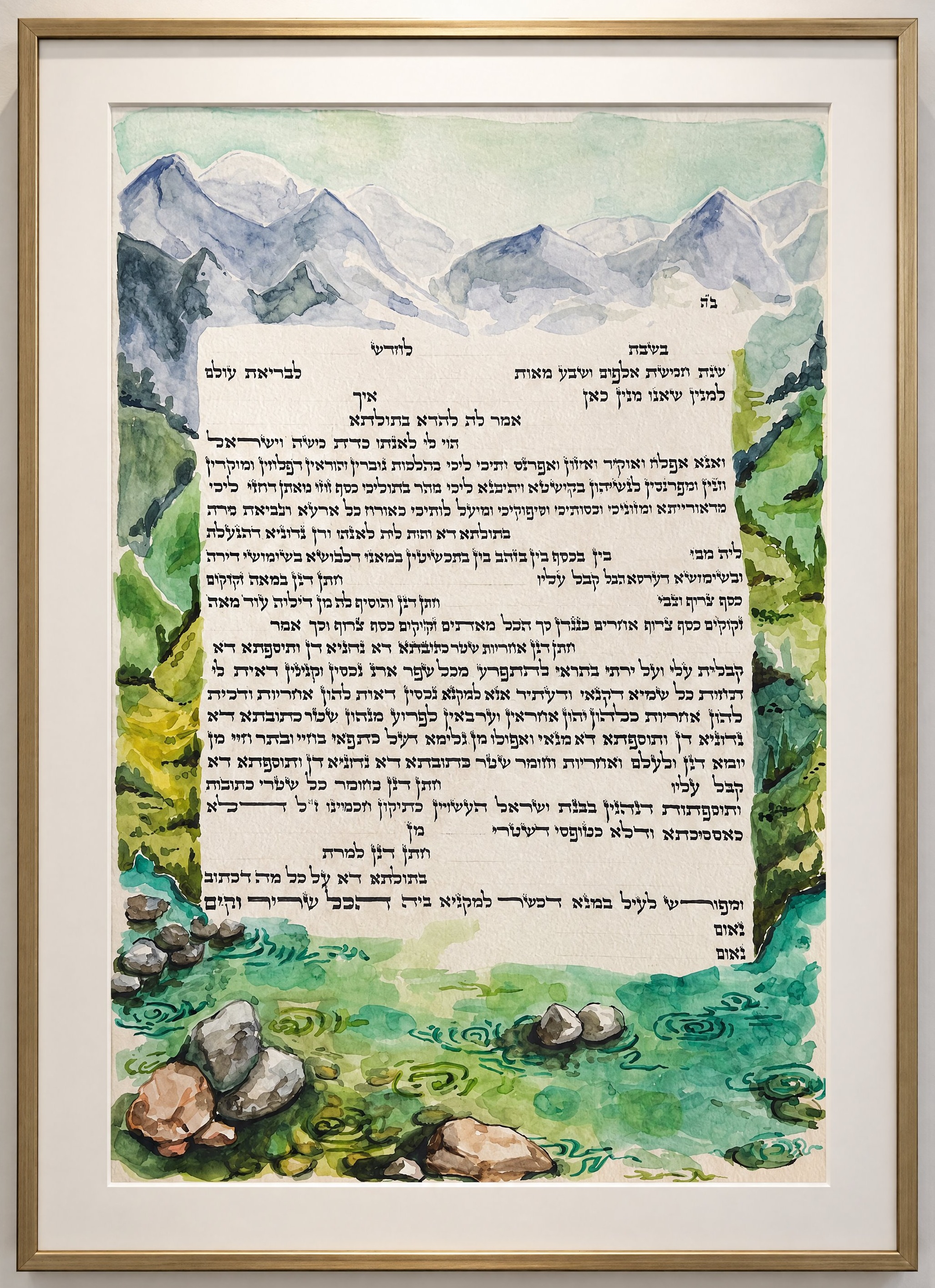 Gold-framed kesubah with Hebrew text surrounded by watercolor mountains and a flowing stream