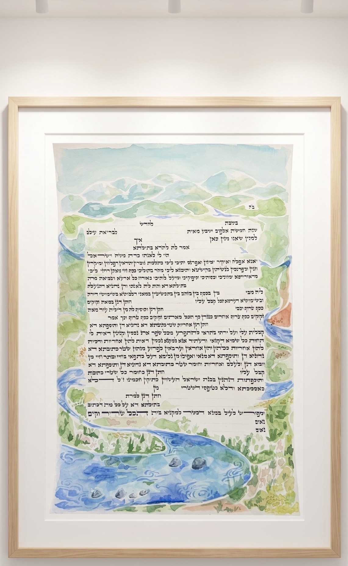 Framed Hebrew text surrounded by a watercolor landscape of hills, trees and a winding river