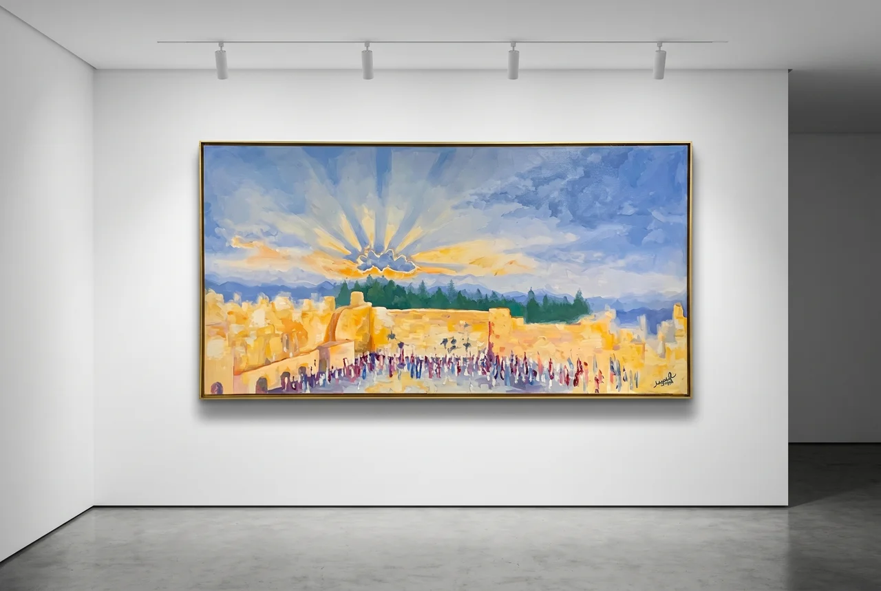 Framed painting of the Western Wall in golden light beneath a radiant blue sky, displayed in full on a white gallery wall under track lighting