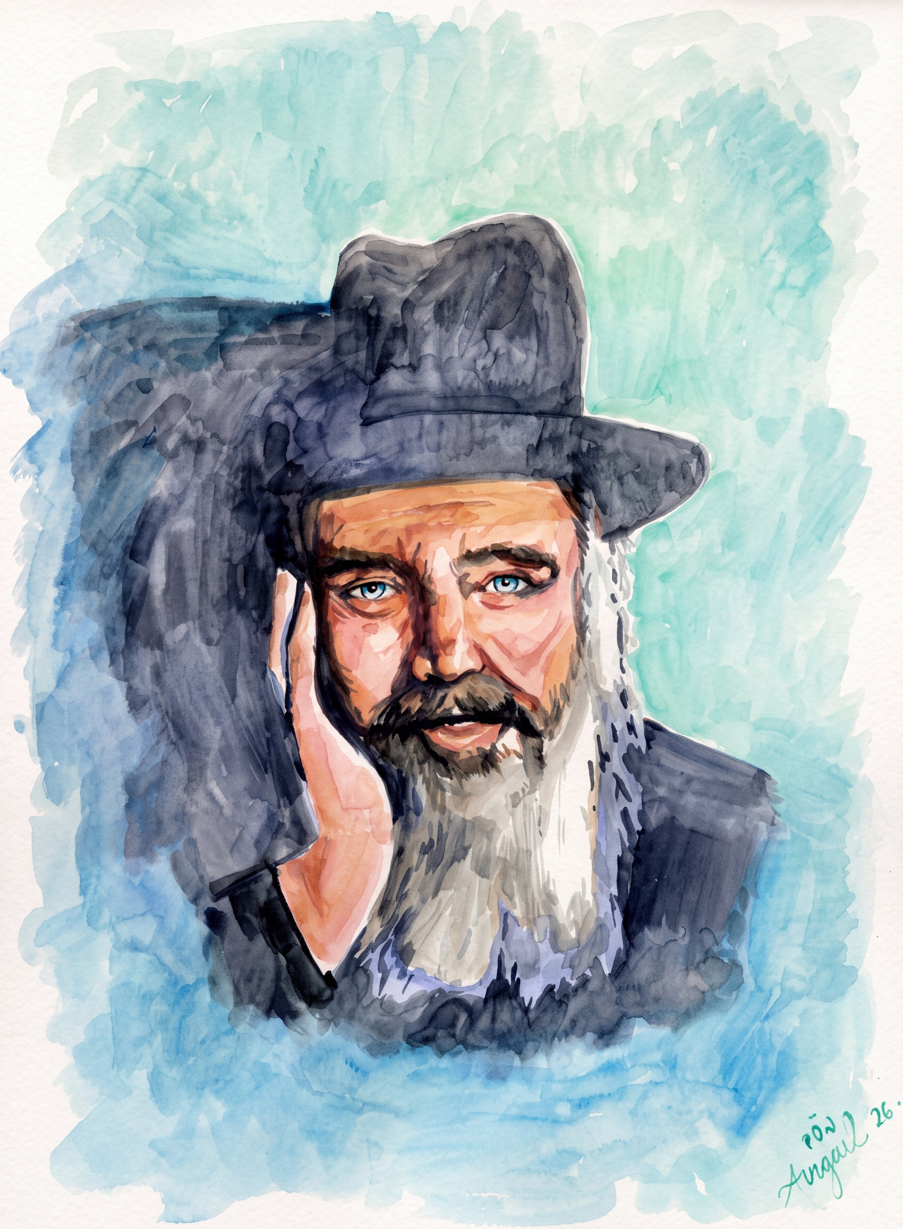 Watercolor portrait of a bearded man in a black hat resting his cheek on his hand against teal-blue washes
