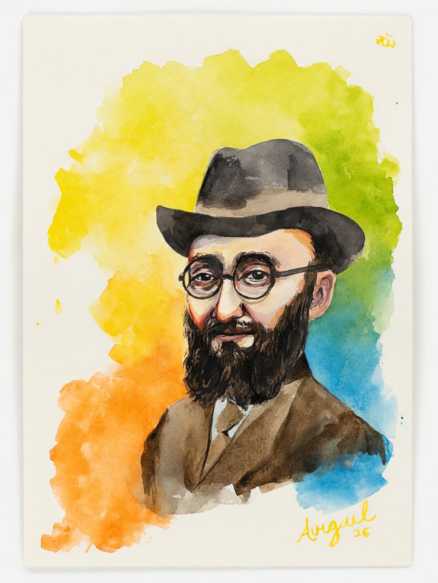 Watercolor portrait of a bearded man in a dark hat against yellow, green and blue washes