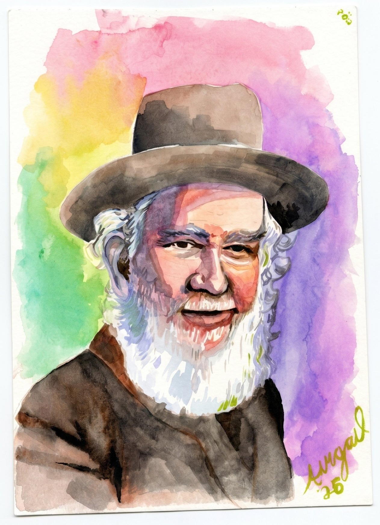 Watercolor portrait of an older bearded man in a brown hat against pink, green and violet washes