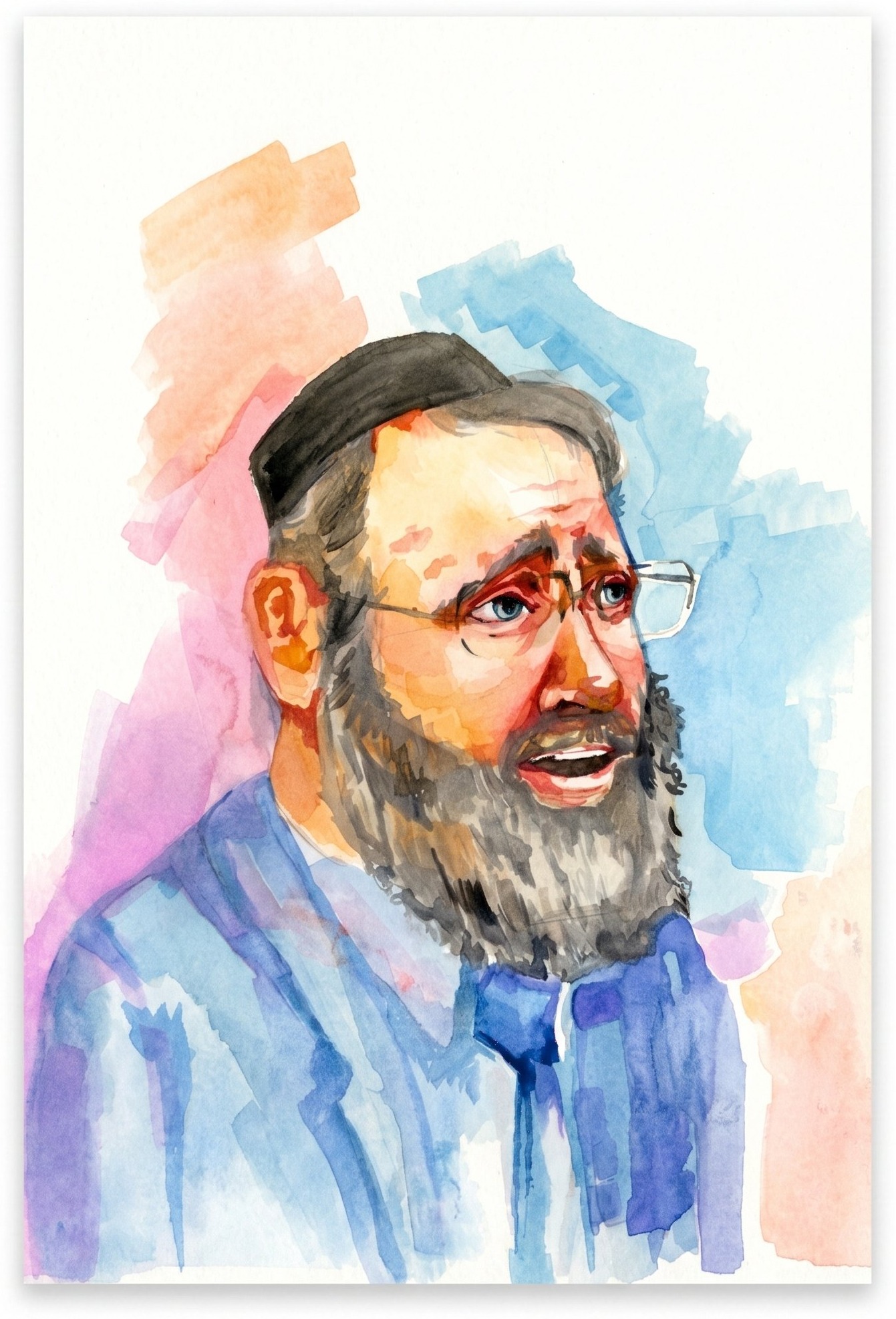 Watercolor portrait of a bearded man with glasses wearing a blue striped shirt