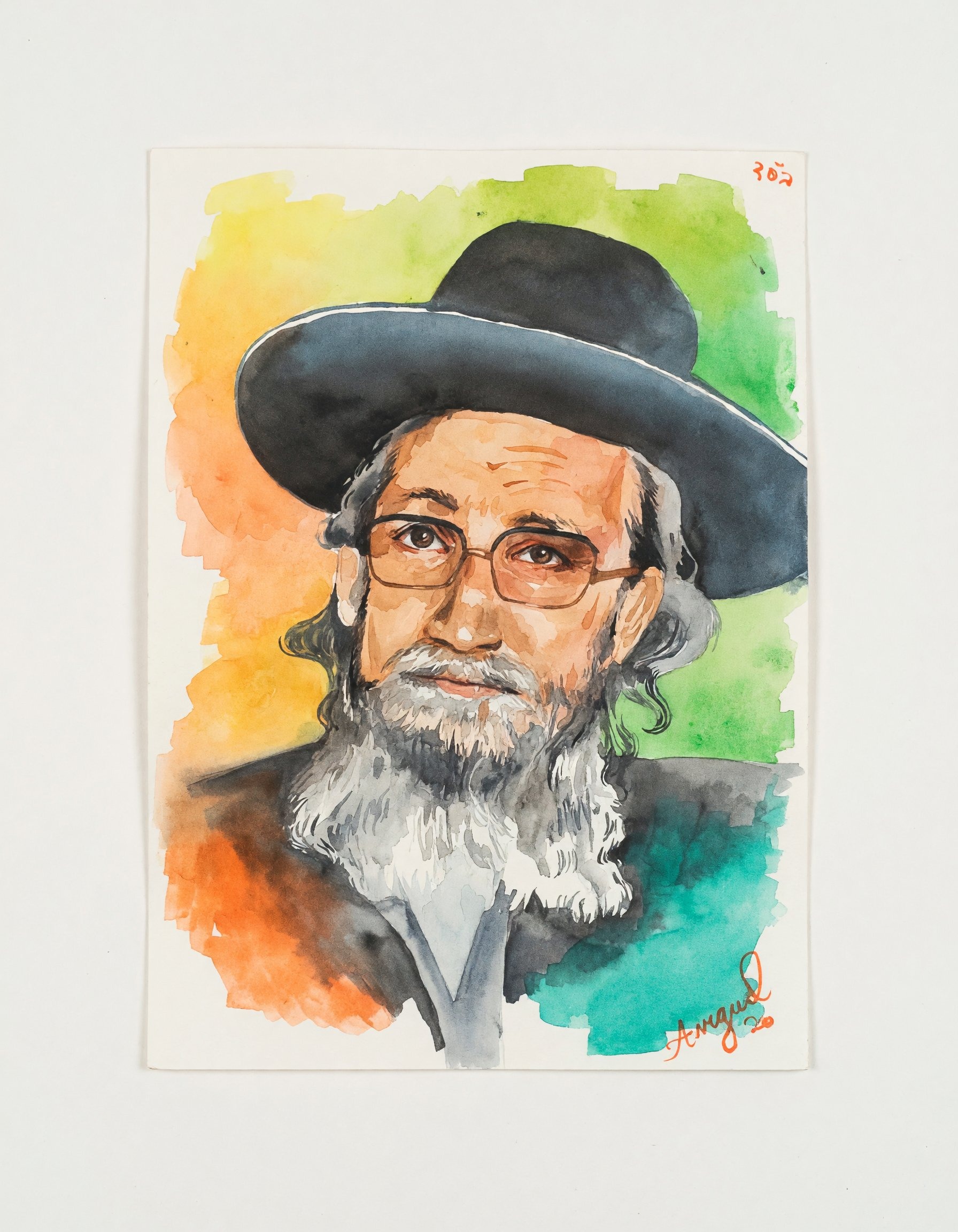Watercolor portrait of a bearded man in a black hat over orange and green washes