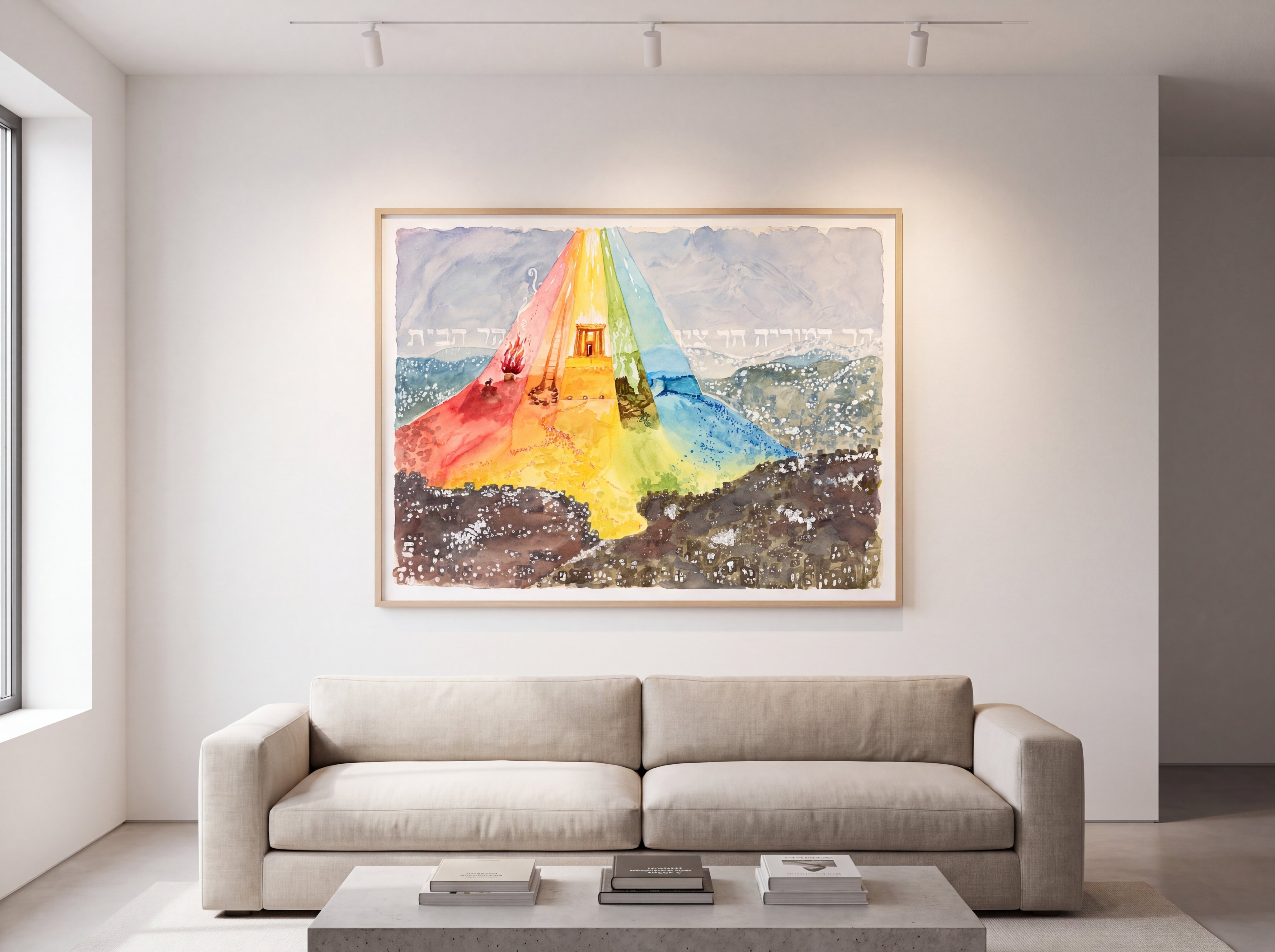 Framed watercolor of the Temple beneath rainbow-colored beams of light, Hebrew text, mountains, and tiny figures, displayed in full above a beige sofa in a living room